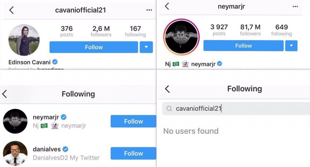 Neymar Unfollow Edinson Cavani 